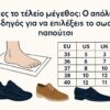 Εικονογραφικός οδηγός για την επιλογή σωστού μεγέθους παπουτσιού με μέτρηση ποδιού, πίνακα μεγέθους παπουτσιών EU, US, UK και εικόνες διαφορετικών τύπων παπουτσιών