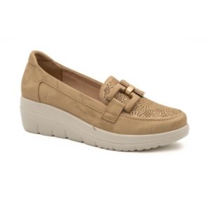 Γυναικεία ανατομικά μοκασίνια Mysoft 26M315 Arena σε μπεζ χρώμα με διάτρητο σχέδιο και αγκράφα