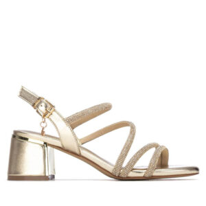 Γυναικεία χρυσά πέδιλα Xti 145260 με λουράκια με στρας και σταθερό block heel τακούνι