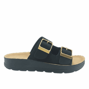 Γυναικείες ανατομικές παντόφλες La Coquette 6230 σε μαύρο χρώμα με δύο χρυσές αγκράφες και αναπαυτικό πάτο.