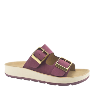 Γυναικείες ανατομικές παντόφλες La Coquette 6230 σε μωβ χρώμα με δύο χρυσές αγκράφες και δίχρωμη σόλα πλατφόρμα.