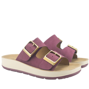 Γυναικείες ανατομικές παντόφλες La Coquette 6230 σε μωβ χρώμα με δύο χρυσές αγκράφες και δίχρωμη σόλα πλατφόρμα.