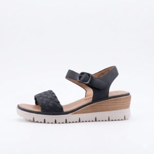 Γυναικείες ανατομικές πλατφόρμες La Coquette 45308-F2 σε μαύρο χρώμα με πλεκτή φάσα και σόλα με εφέ ξύλου.