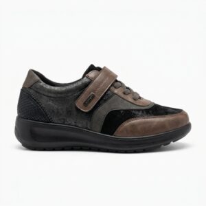 Γυναικεία ανατομικά sneakers Mysoft 26M656 σε μαύρο χρώμα με πάτο Memory Foam, φερμουάρ και χρυσές λεπτομέρειες